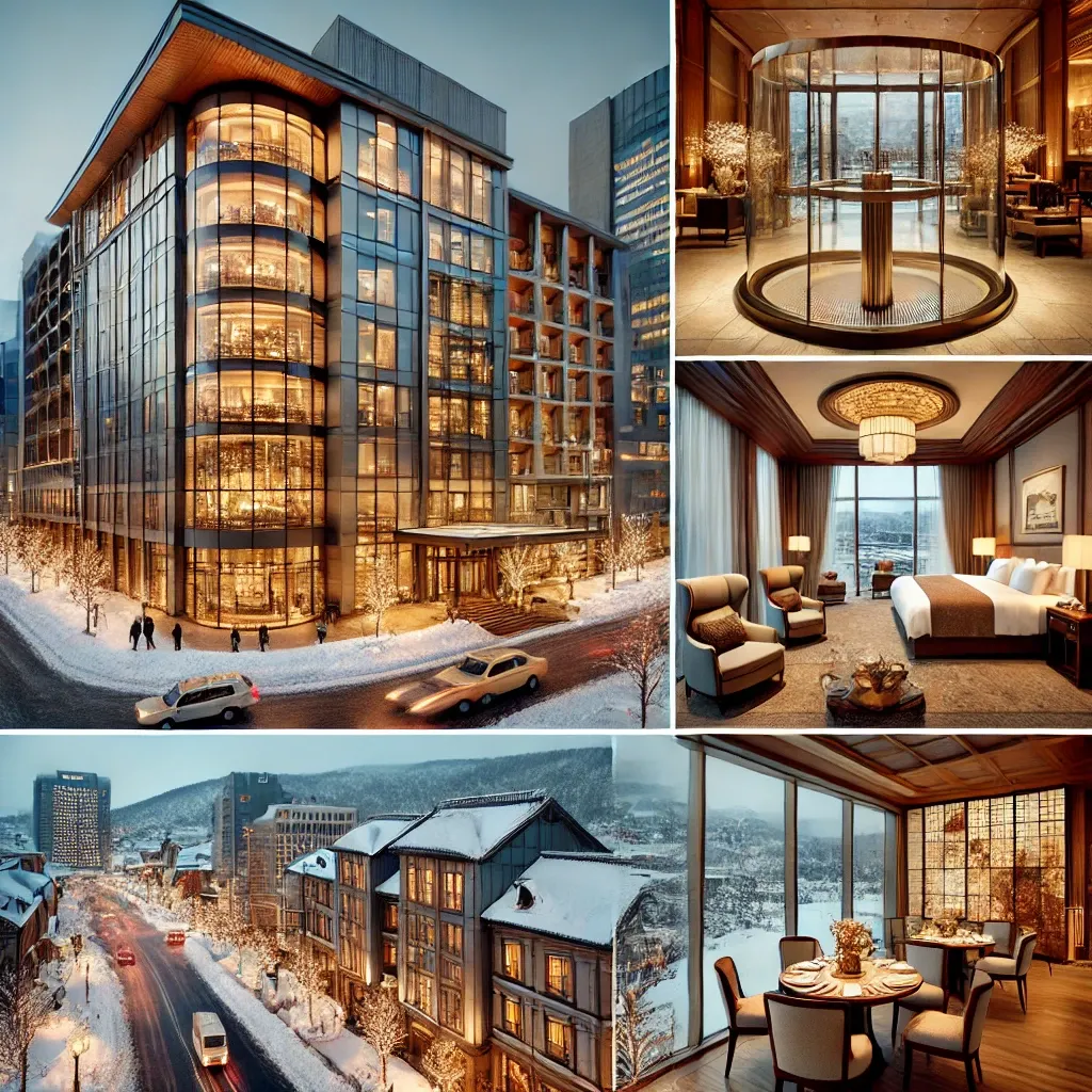 삿포로 호텔 객실, 큰 창문 너머로 보이는 눈 덮인 풍경과 편안한 킹사이즈 침대가 있는 현대적인 공간.