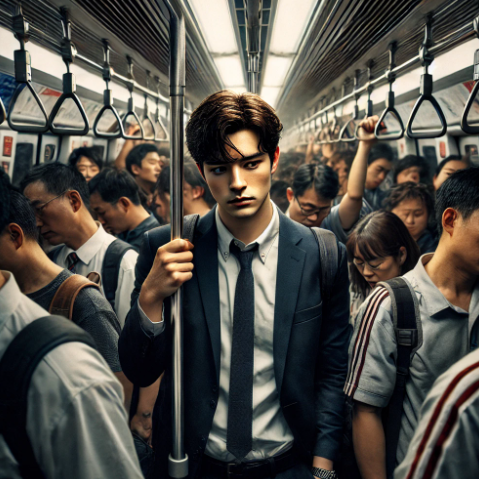 만원 지하철을 타고 출근하는 청년