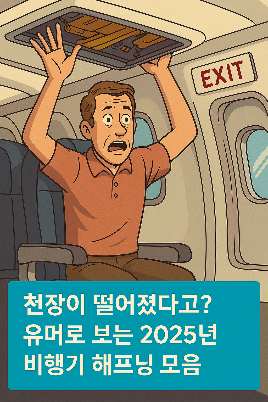 비행기 천장 패널이 떨어진 상황의 일러스트 이미지