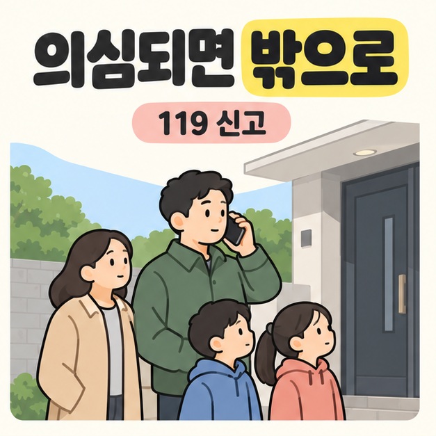 의심되면 밖으로와 119 신고 문구 아래 가족이 집 밖에 모여 있고 성인 한 명이 휴대전화로 신고하는 장면