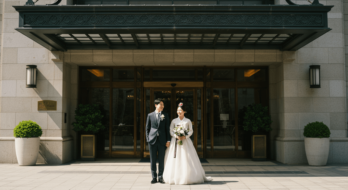호텔 웨딩홀 앞에서 환하게 웃는 한국 신랑신부 모습 2