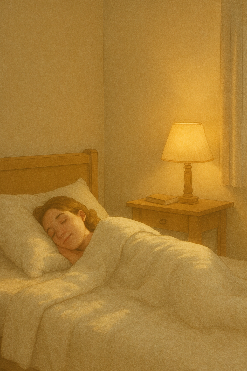 부드러운 조명과 포근한 이불 속에서 평화롭게 자고 있는 사람의 따뜻한 침실 풍경