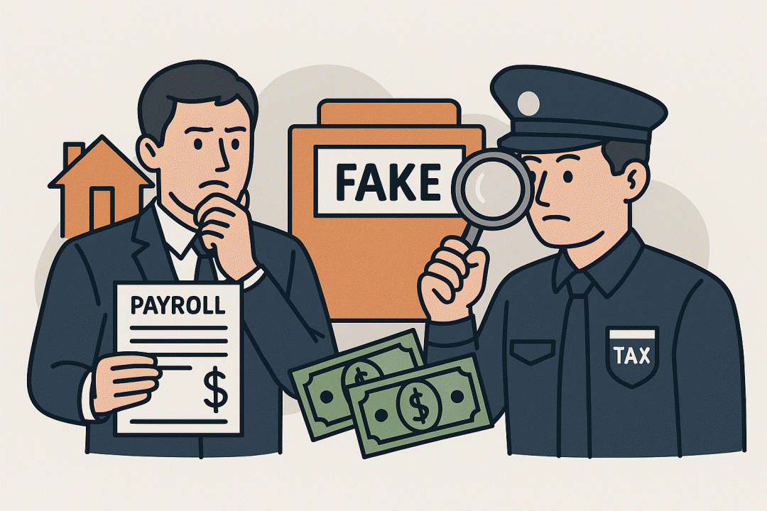 PARROLL을 들고 있는 사람을 세무경찰관이 돋보기로 들여다 보고 있음. 바깥에 FAKE 써있음