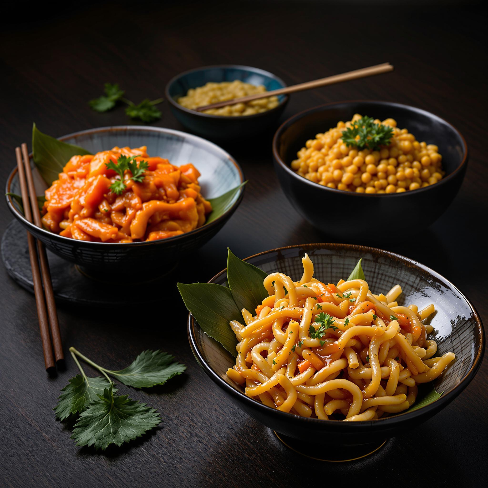 전통 한국 발효 음식은 아름답게 전시되었습니다: 김치, 된장(간장), 그리고 도자기 요리 위에 낫토를 얹고, 녹색 잎과 나무 젓가락을 사용했습니다