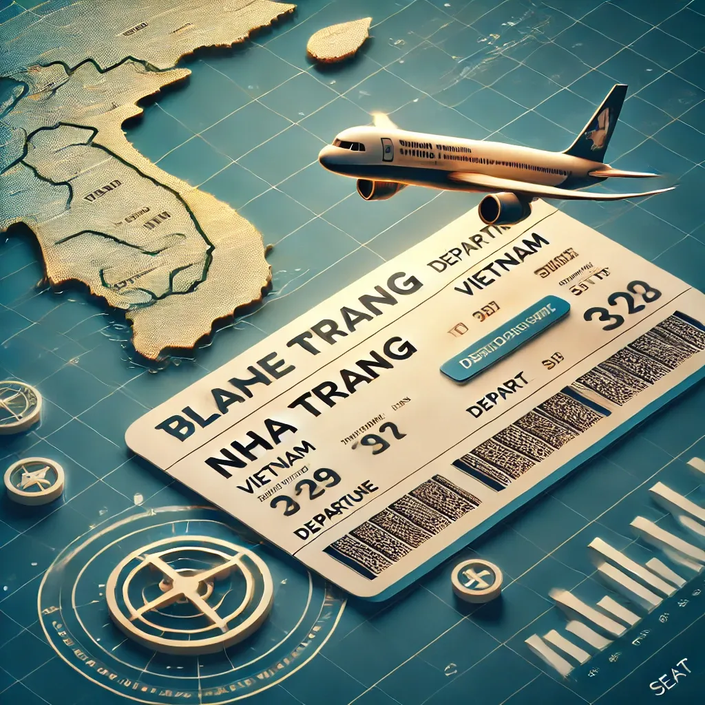 나트랑행 항공권 이미지, 항공사 로고와 나트랑 목적지, 출발 시간, 좌석 번호 등의 정보가 포함된 디지털 항공권. 배경에는 나트랑을 표시한 지도와 작은 비행기 아이콘이 여행의 분위기를 더해줌.