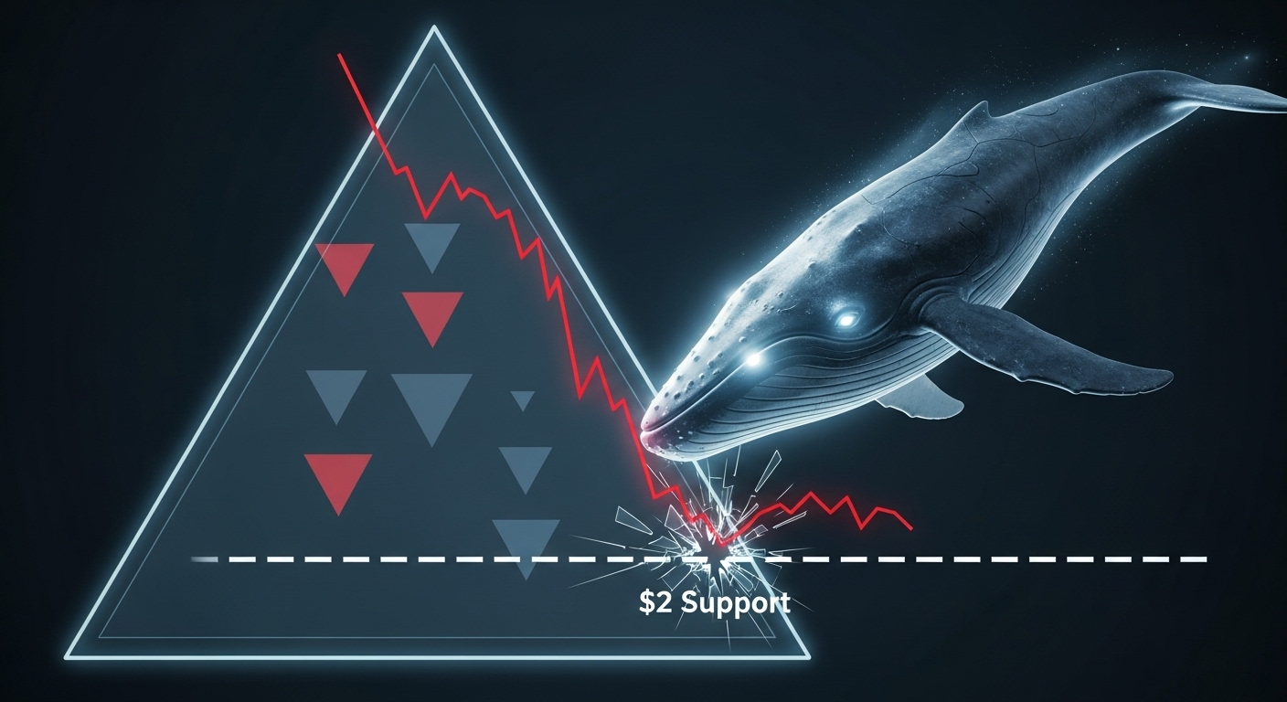 XRP 2달러 지지선이 무너지며 차트가 하락하고 고래 투자자가 매도 물량을 쏟아내는 모습