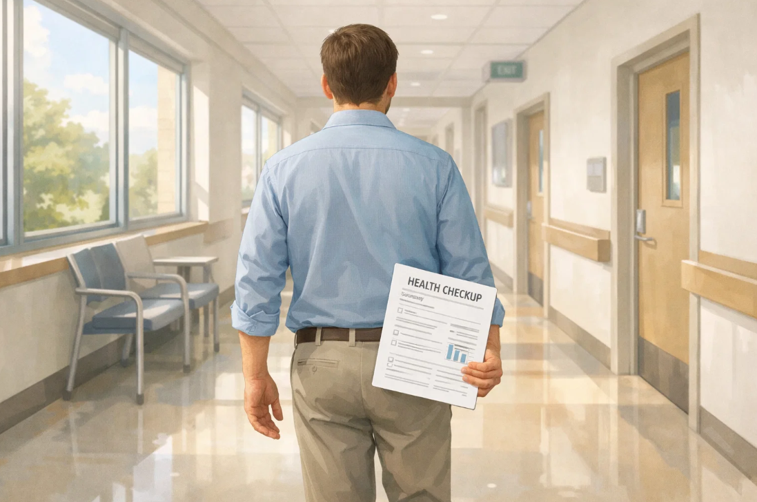 건강검진 결과지를 들고 병원에서 추가 검사 진료를 받으러 가는 모습