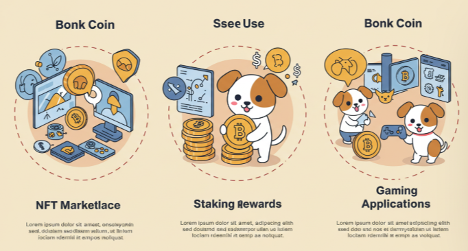봉크 코인의 다양한 활용 사례를 보여주는 인포그래픽