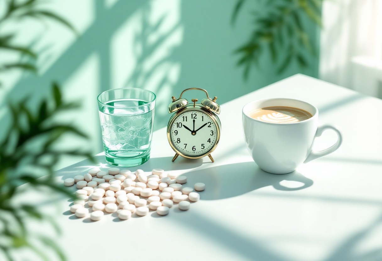 물 한 잔, 커피 한 잔, 그리고 알람 시계 옆에 놓인 칼슘제 알약