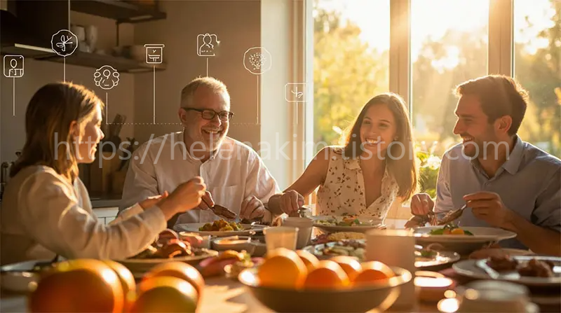 식탁에는 맛있는 음식이 차려져 있고 가족들이 둘러 앉아 즐기는 이미지.