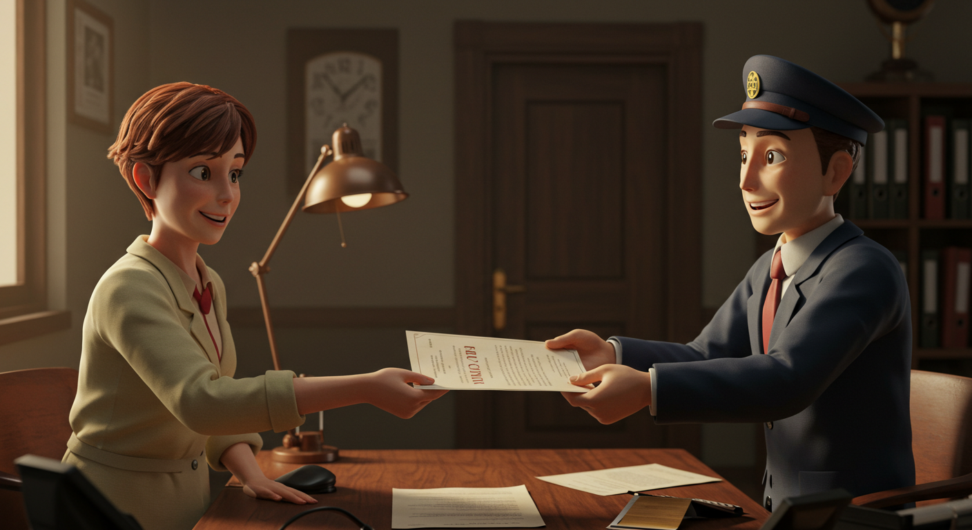 은행이 채권 서류를 캠코에 전달하는 지브리풍 장면