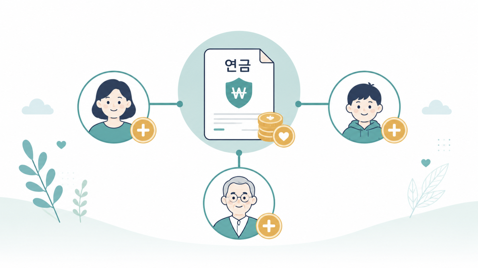 배우자, 자녀, 부모와 연금 가산을 표현한 가족 관계도 그림