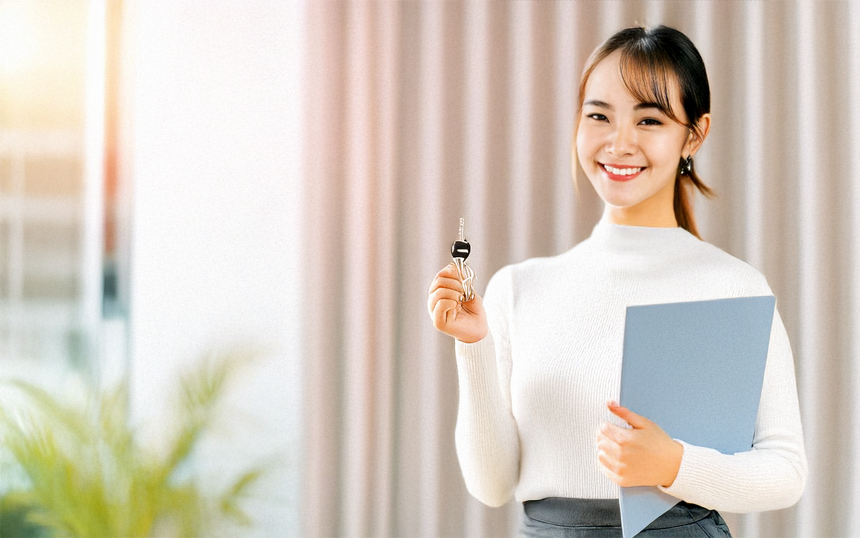 청년이 내 집 마련을 성공하고 아파트 앞에서 집 열쇠와 계약서를 들고 있는 모습