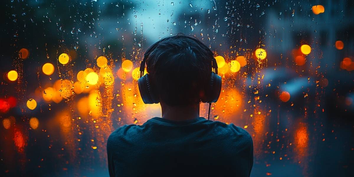 A person sitting by a window on a rainy day, wearing headphones, lost in thought, raindrops on the glass reflecting city lights, cozy and melancholic atmosphere, soft warm lighting, ultra-realistic cinematic portrait