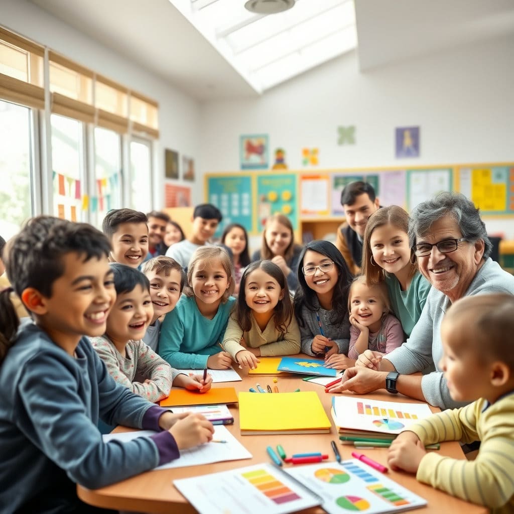 다양한 연령대와 배경을 가진 사람들이 밝은 교실에서 함께 웃으며 학습하는 모습