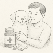 반려견의 건강을 위한 영양제 급여를 테마로, 보호자와 강아지의 교감 장면과 함께 영양제 병, 캡슐 아이콘이 함께 구성된 이미지