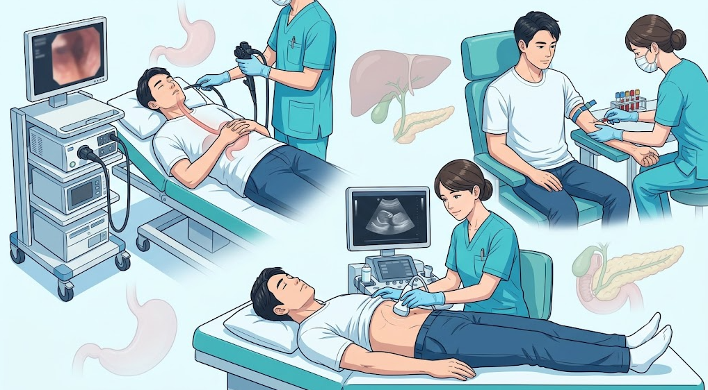 상복부 증상 진단을 위한 위내시경, 복부초음파 검사 및 혈액검사 채혈 장면 일러스트