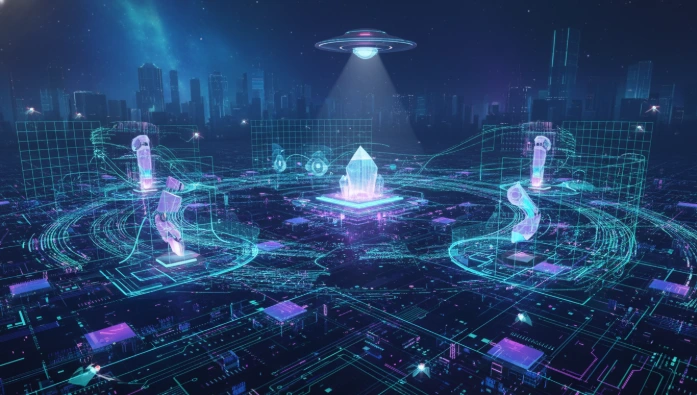 데이터 흐름과 인공지능 로봇이 미래 전장의 첨단 기술을 상징하는 모습, 감시, 정보전, 자율 시스템의 중요성을 강조합니다.