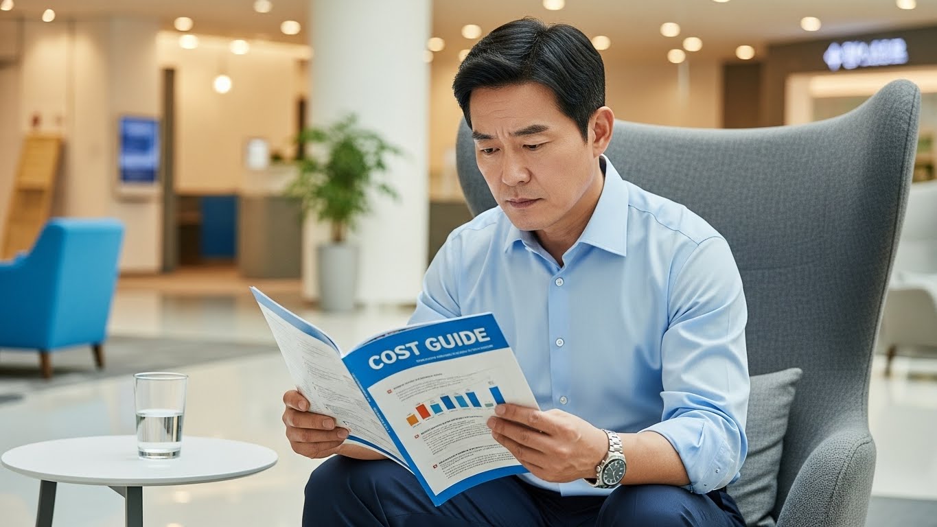 병원에서 과잉 진료를 피하고 합리적인 치료를 받기 위해 비용 가이드를 꼼꼼히 확인하는 남성의 모습