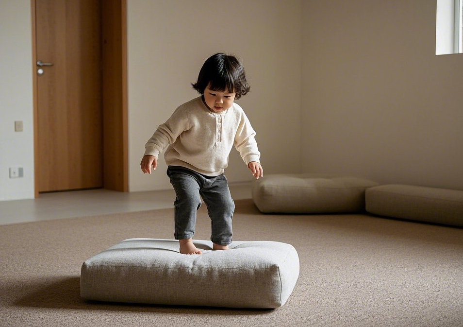 집에서 쿠션 위를 조심스럽게 걷고 있는 아이가 균형 감각을 키우는 장면