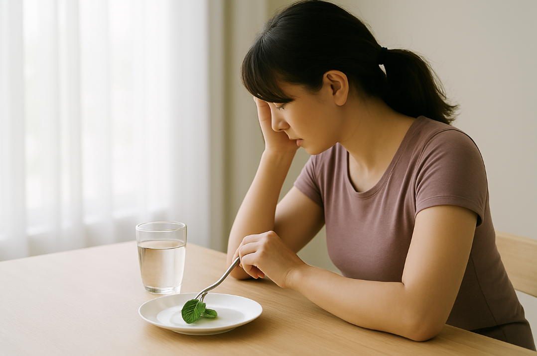 식탁에 앉아 작은 채소 한 조각만 있는 접시를 바라보며 고민하는 여성 사진