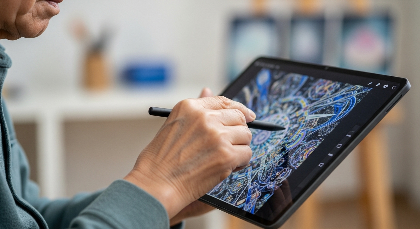 태블릿으로 AI 이미지 생성 앱을 사용해 멋진 디지털 아트를 만드는 한국인 시니어 남성의 손.
