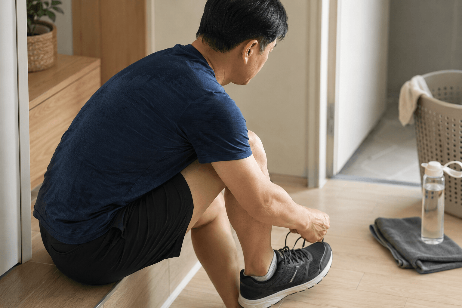 땀에 젖은 옷을 입은 채 유산소 운동을 준비하는 40대 남성