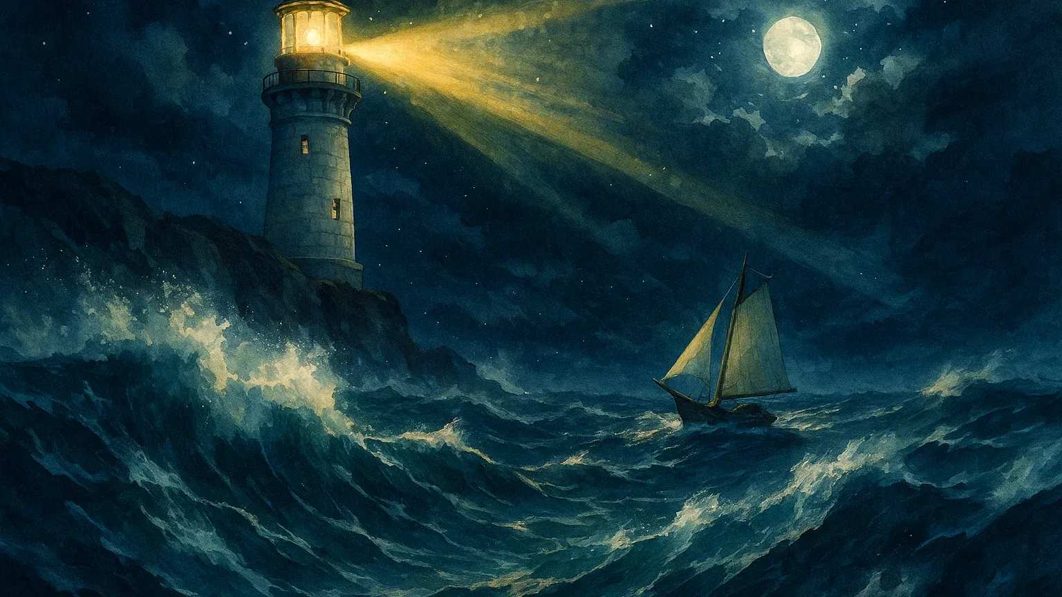 어둠 속에서 밝게 빛나는 등대와 그 빛을 따라 항해하는 배의 모습, 희망이 삶의 방향을 제시하는 상징적 이미지