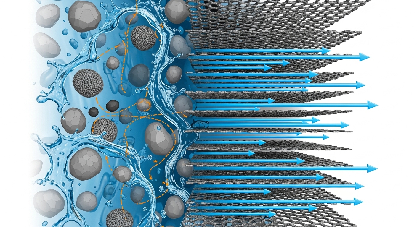 기존 액체 전해질 배터리와 고체 전해질 그래핀 배터리의 내부 구조 비교. 그래핀 쪽은 안정적이고 빠른 이온 이동을 나타냅니다.