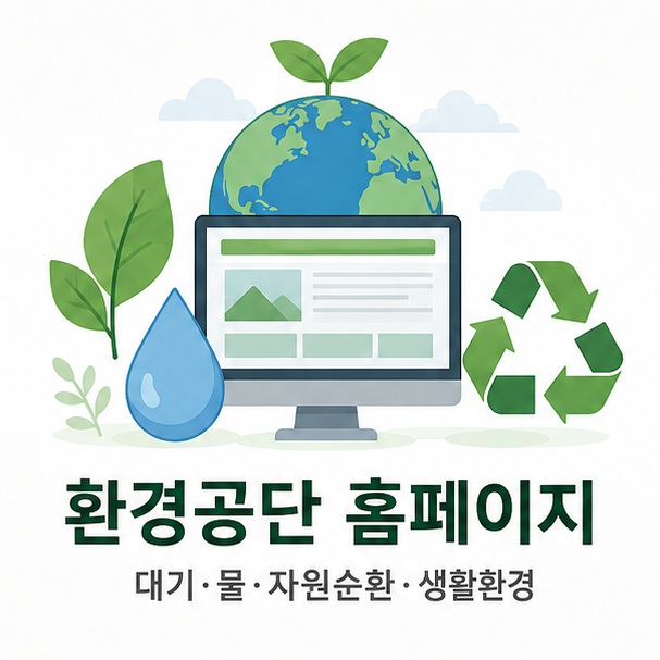 환경공단 홈페이지를 상징하는 환경 지도와 컴퓨터 화면 인포그래픽