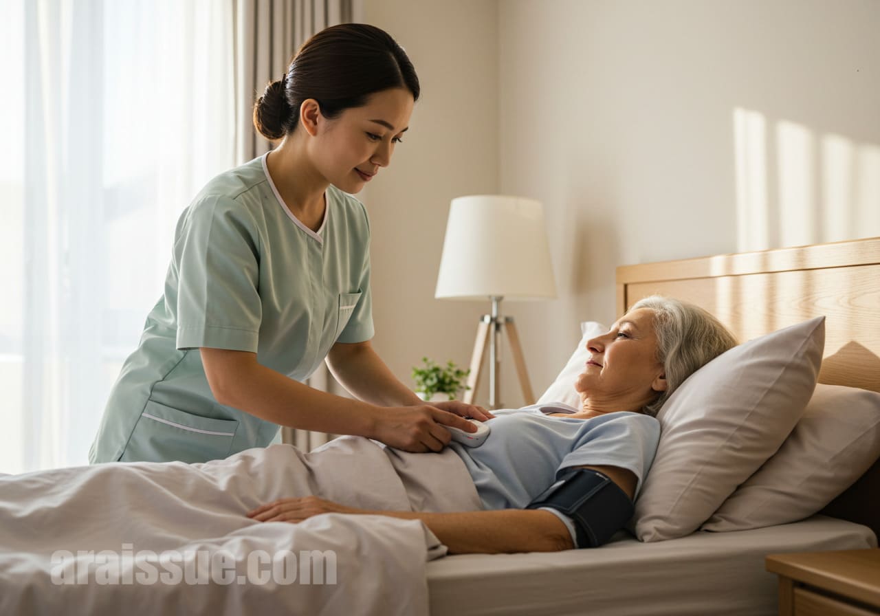 중증 질환자를 돌보는 방문 요양사의 모습입니다. 환자가 편안한 가정 환경에서 전문적인 돌봄을 받으며, 요양사가 정성스럽게 지원하고 있는 장면을 담고 있습니다.