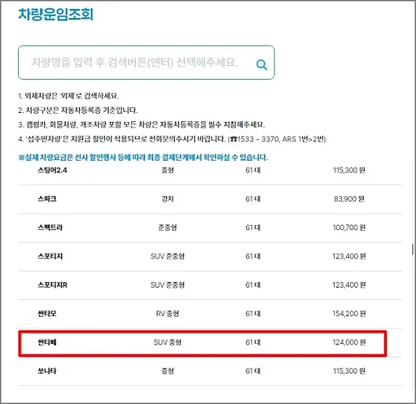 울릉크루즈-차량운임조회