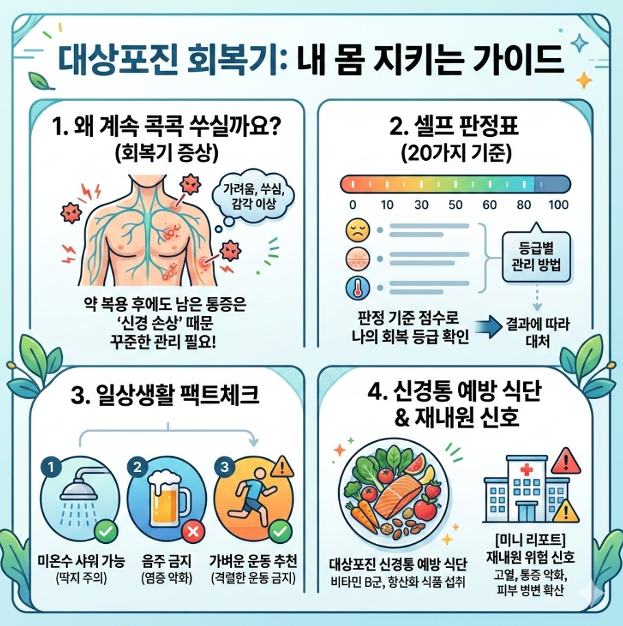 대상포진 회복기 관리 가이드: 신경통 증상, 셀프 판정표, 생활 팩트체크와 예방 식단 요약 인포그래픽