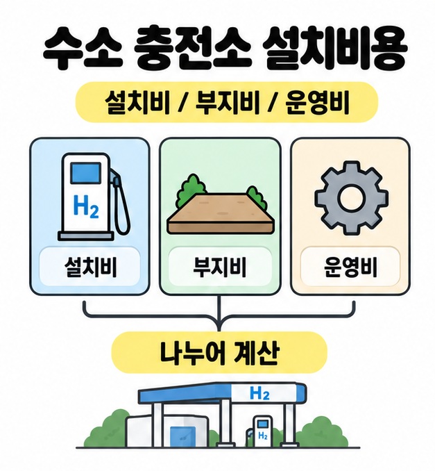 수소 충전소 설치비용 제목 아래 설치비, 부지비, 운영비 카드를 연결해 예산을 나누어 계산하도록 안내한 그림