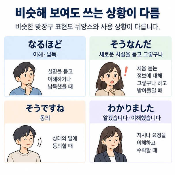 なるほど, そうなんだ, そうですね, わかりました의 회화 뉘앙스를 비교한 이미지