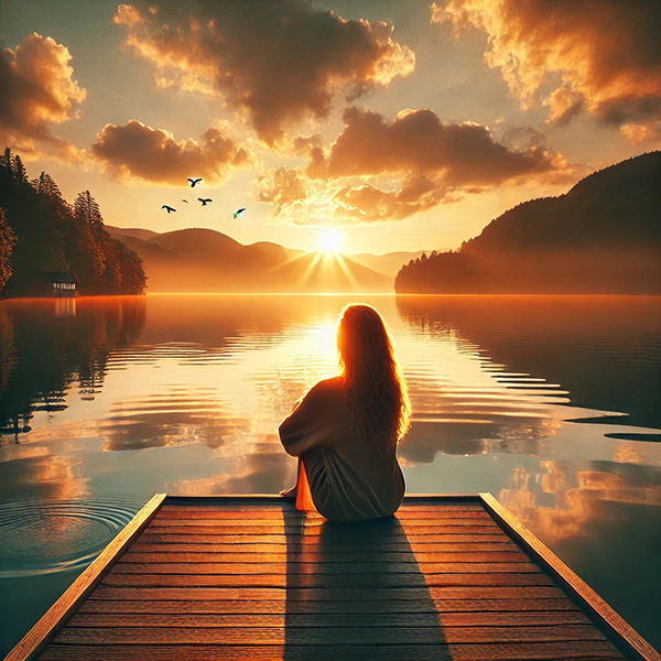 바다에서 석양과 함께 지는 태양을 바라보는 이미지