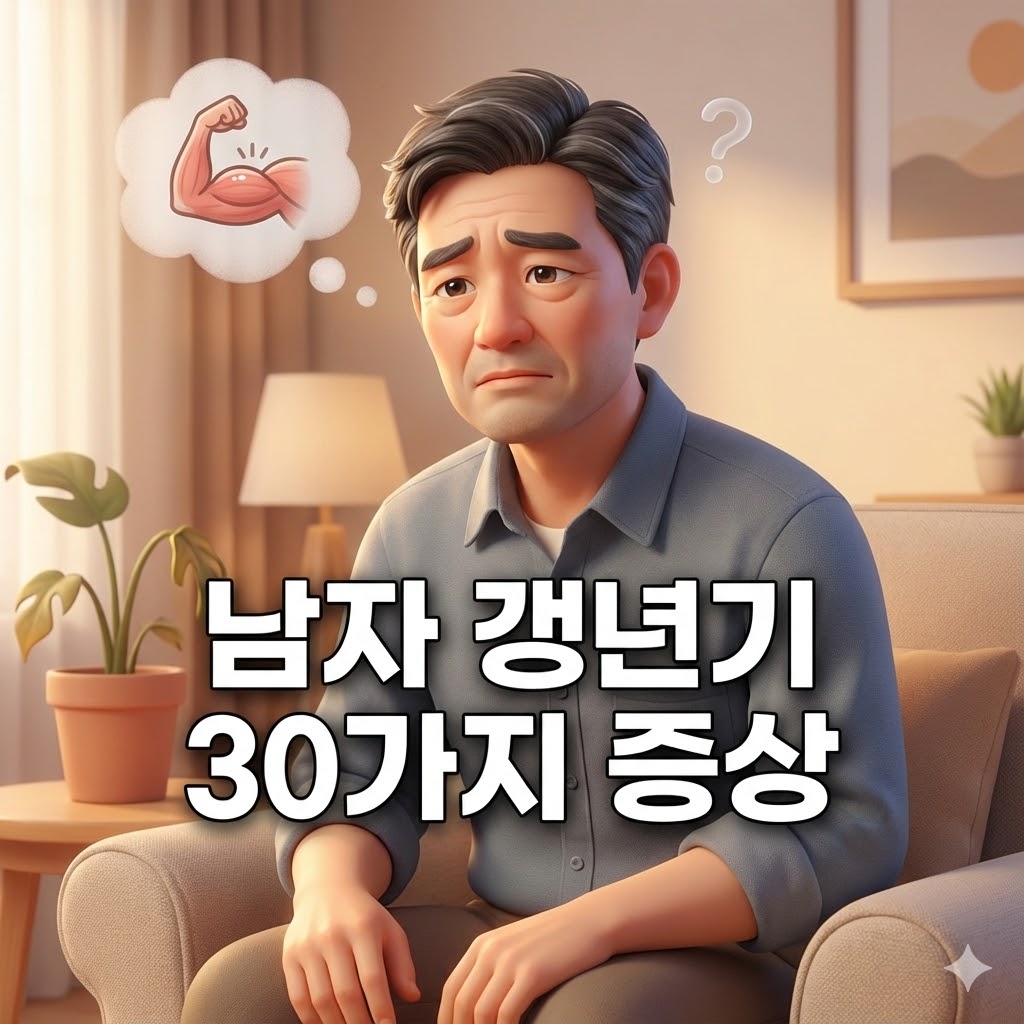 피곤하고 걱정스러운 표정의 중년 남성이 다양한 남자 갱년기 증상을 상징하는 요소들(줄어드는 근육, 의문 부호 등)에 둘러싸여 있는 3D 카툰 일러스트. '남자 갱년기 30가지 증상' 문구가 포함됨.