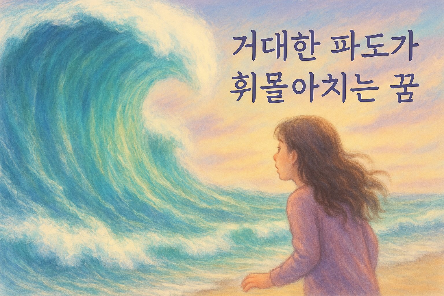 거대한 파도 앞에서 겁먹은 여성이 뒤로 물러나는 몽환적 일러스트