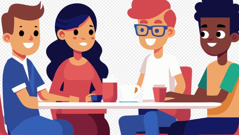 다양한 청년들이 테이블에 앉아 대화하며 함께 시간을 보내는 모습. 디딤씨앗통장 지원으로 성장한 청소년들의 밝은 미래와 자립을 상징적으로 표현.