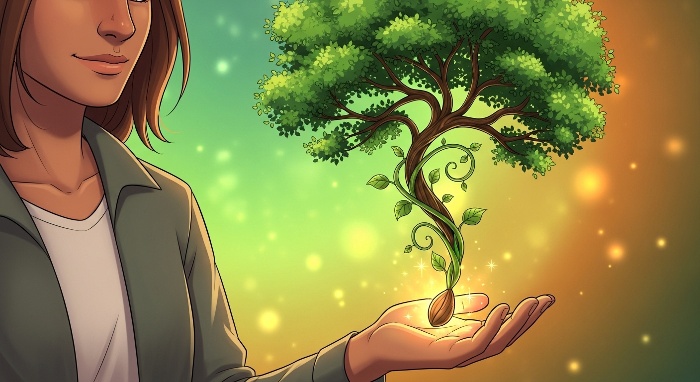 손에든 씨앗이 큰 나무가되는 그림