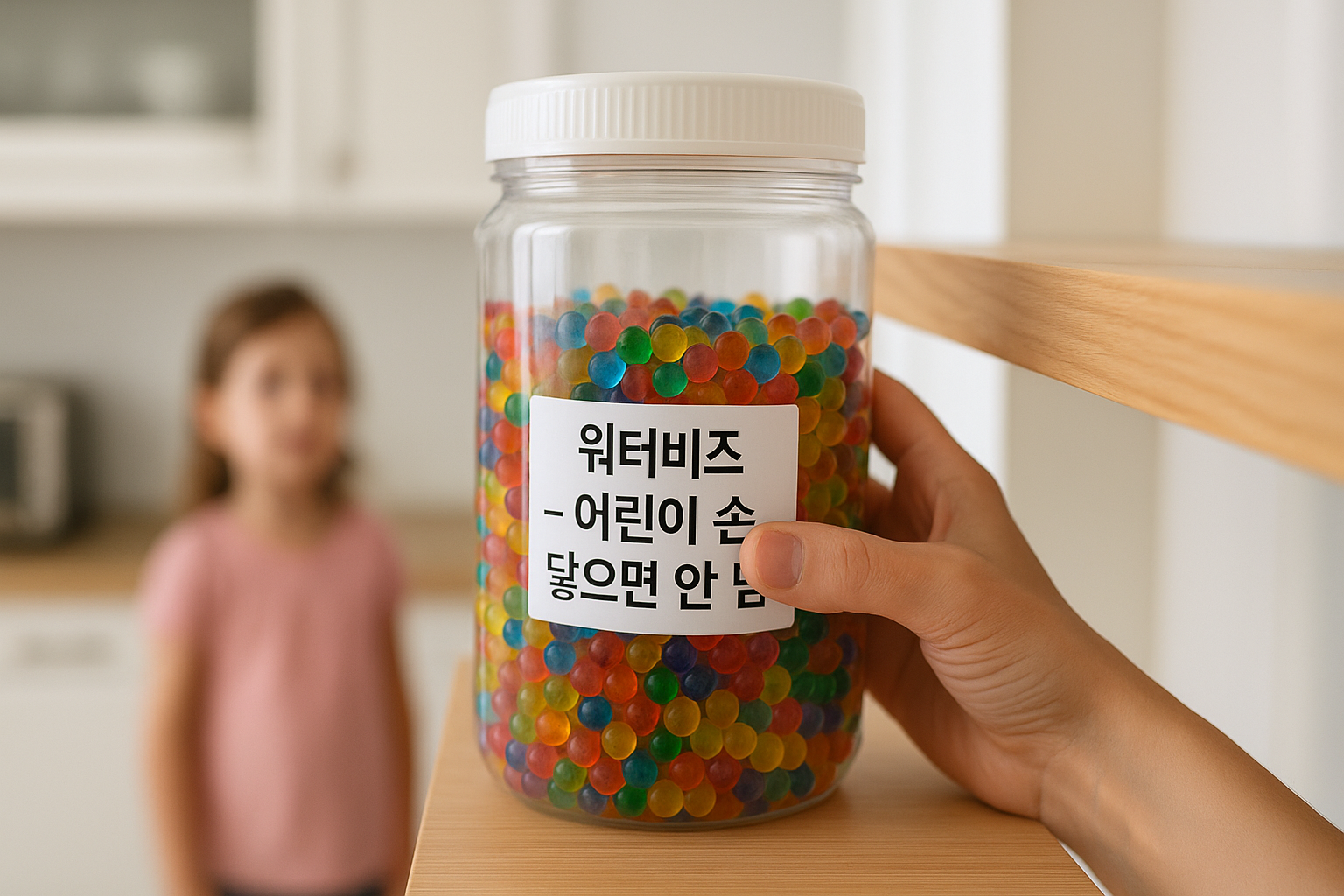 워터비즈를 밀폐용기에 보관하고 '어린이 손 닿으면 안 됨' 라벨을 붙여 높은 선반에 올리는 장면
