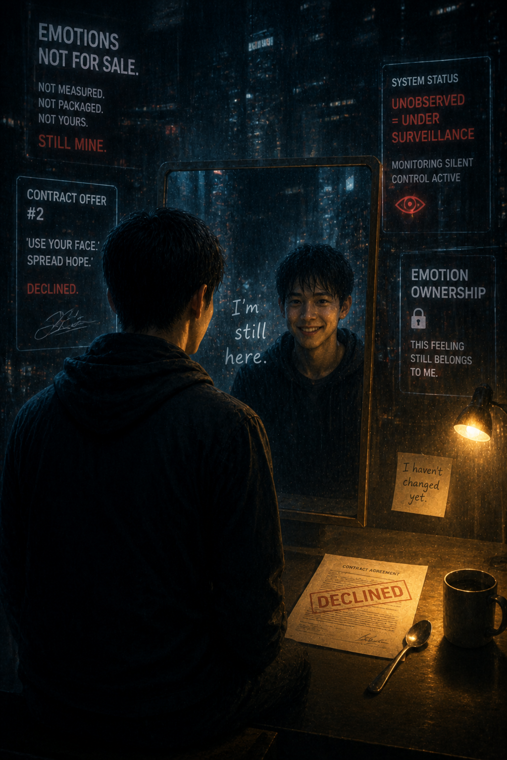 거울 속 미소와 &lsquo;EMOTIONS NOT FOR SALE&rsquo; 메시지가 공존하는 미래 사회, 감정의 소유권과 상품화를 거부하는 인간의 마지막 자아를 표현한 사이버펑크 장면