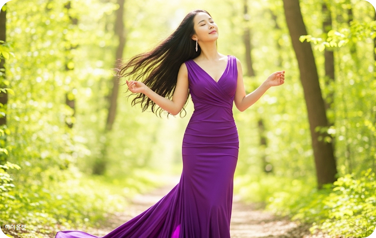 숲길에서 바람을 느끼는 여주인공