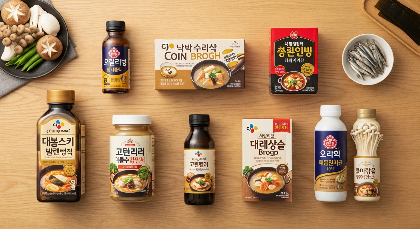 CJ제일제당, 대상, 오뚜기 등 다양한 브랜드의 코인 육수 제품들을 비교하는 모습
