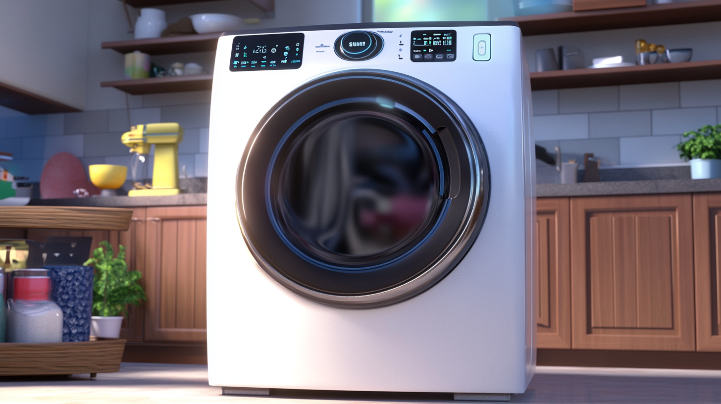 미래 지향적인 주방에 스마트 컨트롤 기능을 가진 삼성 세탁기, 스마트폰을 통한 간편한 조작