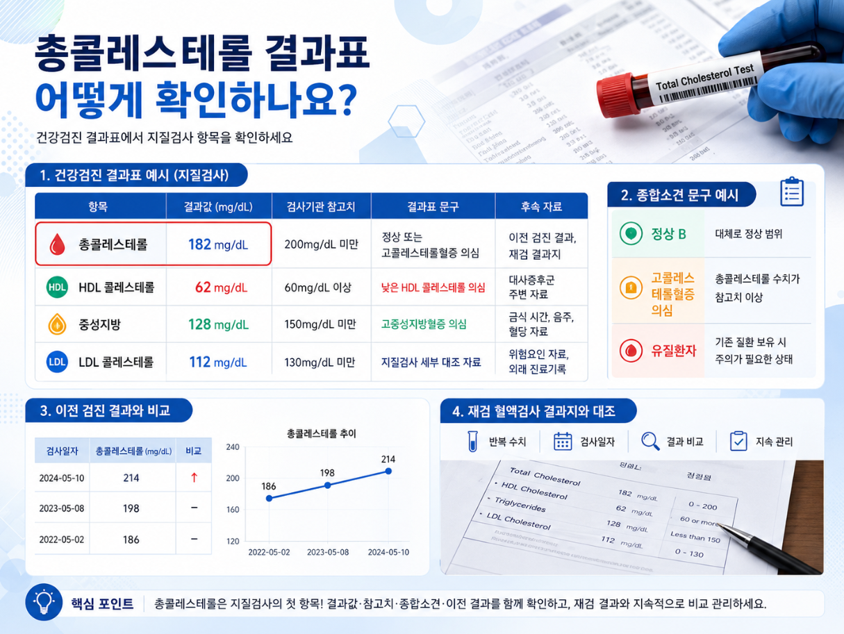 건강검진 결과표의 총콜레스테롤 위치와 지질검사 항목, 종합소견 문구와 재검 비교 자료를 안내한 인포그래픽