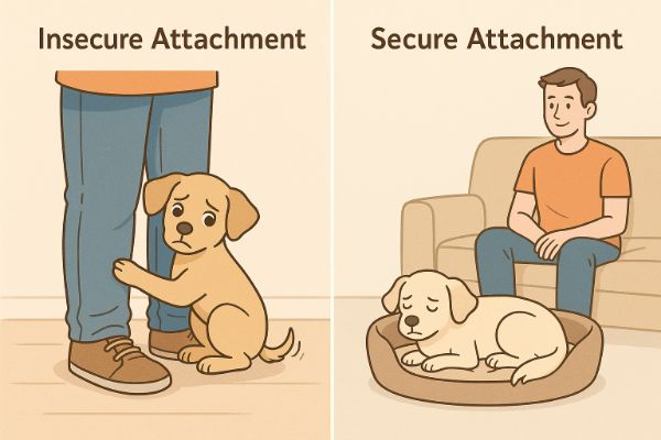 두 가지 시나리오를 보여주는 분할 이미지입니다. 왼쪽에는 불안하게 주인의 다리에 매달려 있는 강아지(불안정 애착), 오른쪽에는 주인이 약간 떨어져 있는데도 침대에 차분히 쉬고 있는 강아지(안정 애착)의 모습이 그려져 있습니다. 두 가지 감정 상태를 명확하게 구분하는 일러스트 스타일입니다.