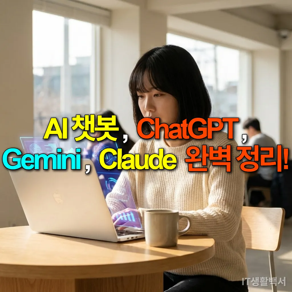 카페에서 노트북을 보며 AI 챗봇을 활용하는 한국인 여성