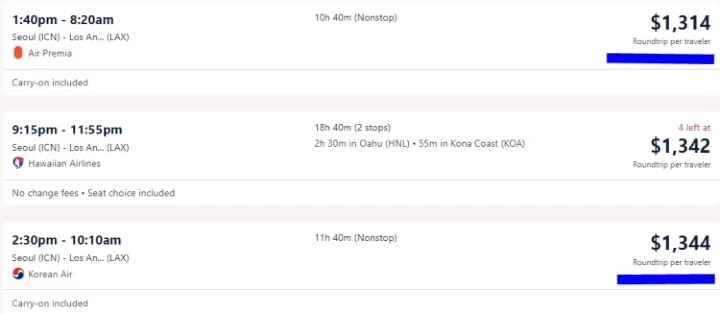 미국으로 가는 비행기값