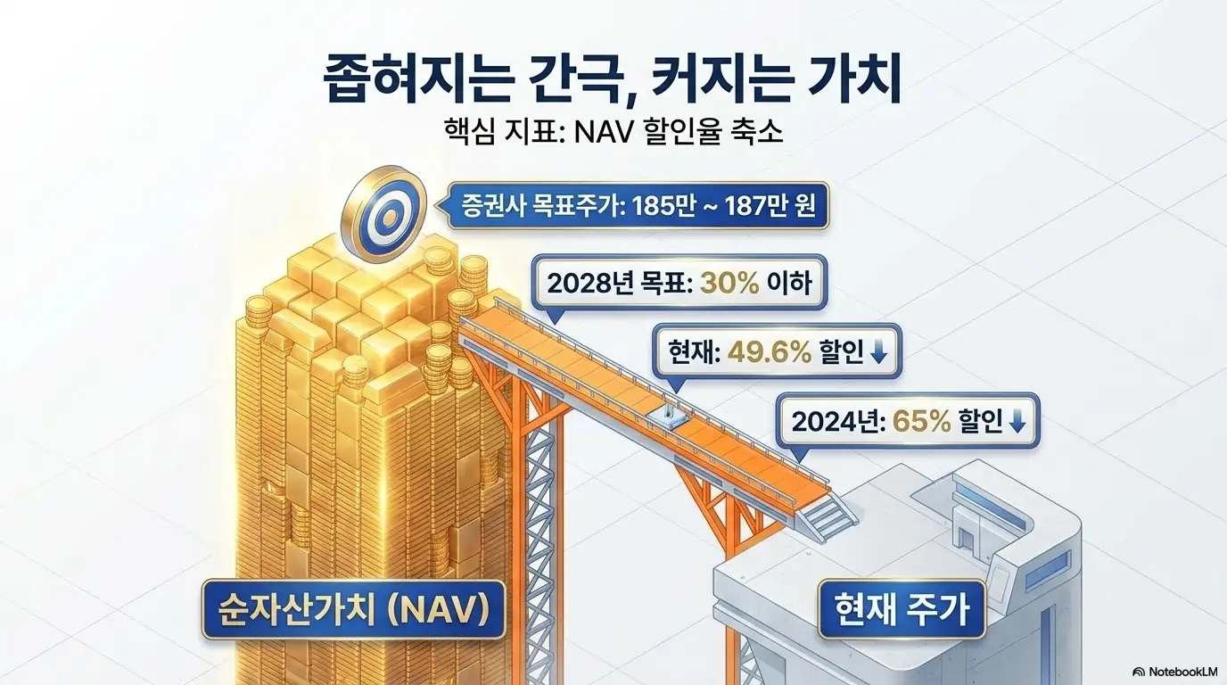 SK스퀘어 목표주가의 핵심 잣대인 NAV 할인율 축소를 컨베이어 구조로 표현한 이미지. 2024년 65%에서 현재 49.6%로 좁혀졌고 2028년 30% 이하 목표를 제시하며, 증권사 목표주가 185만~187만 원으로 이어지는 밸류에이션 흐름을 설명함